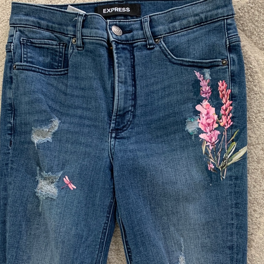 Express Dark Blue Floral Embellished Jeans - Picture 5 of 17